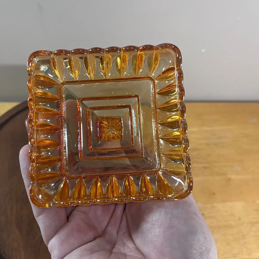 Vtg Westmoreland Marigold Carnival Glass Wedding Cake Box Footed Candy Dish Lid